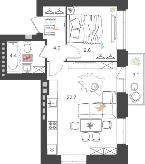 Двухкомнатная квартира (Евро) 41.6 м²