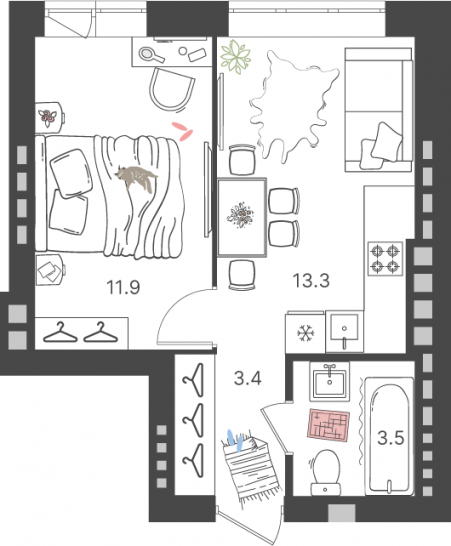 Двухкомнатная квартира (Евро) 32.1 м²